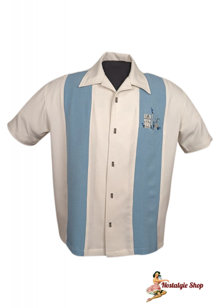 Steady Clothing - The Mickey Bowling Shirt in Cream with Aqua