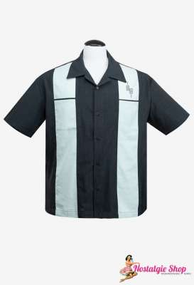 Classic bowling shirt by Steady in navy with decorative pleats |  Nostalgieshop