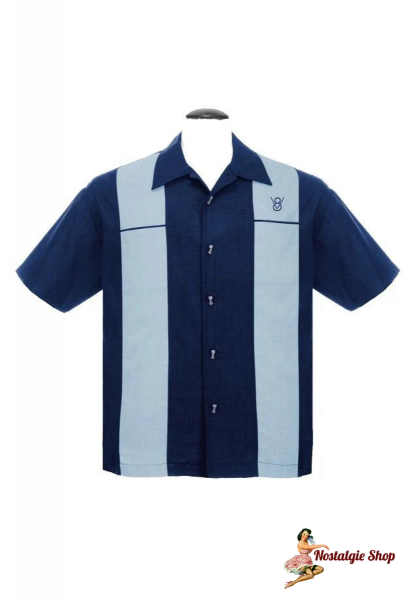 Steady Clothing - Classy Piston Bowling Shirt in Navy/Lt Blue