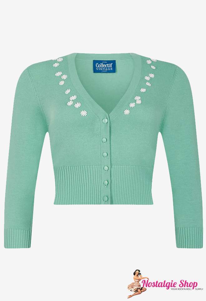 Crop cardigan Jessica Daisy by Collectif in turquoise with daisy embroidery. Nostalgieshop